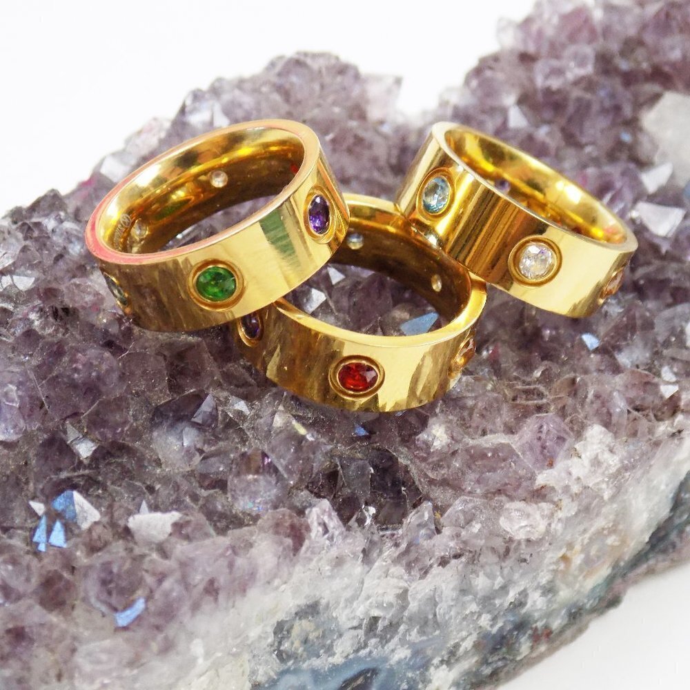 new in pouch! rainbow gemstone eternity band stacking ring